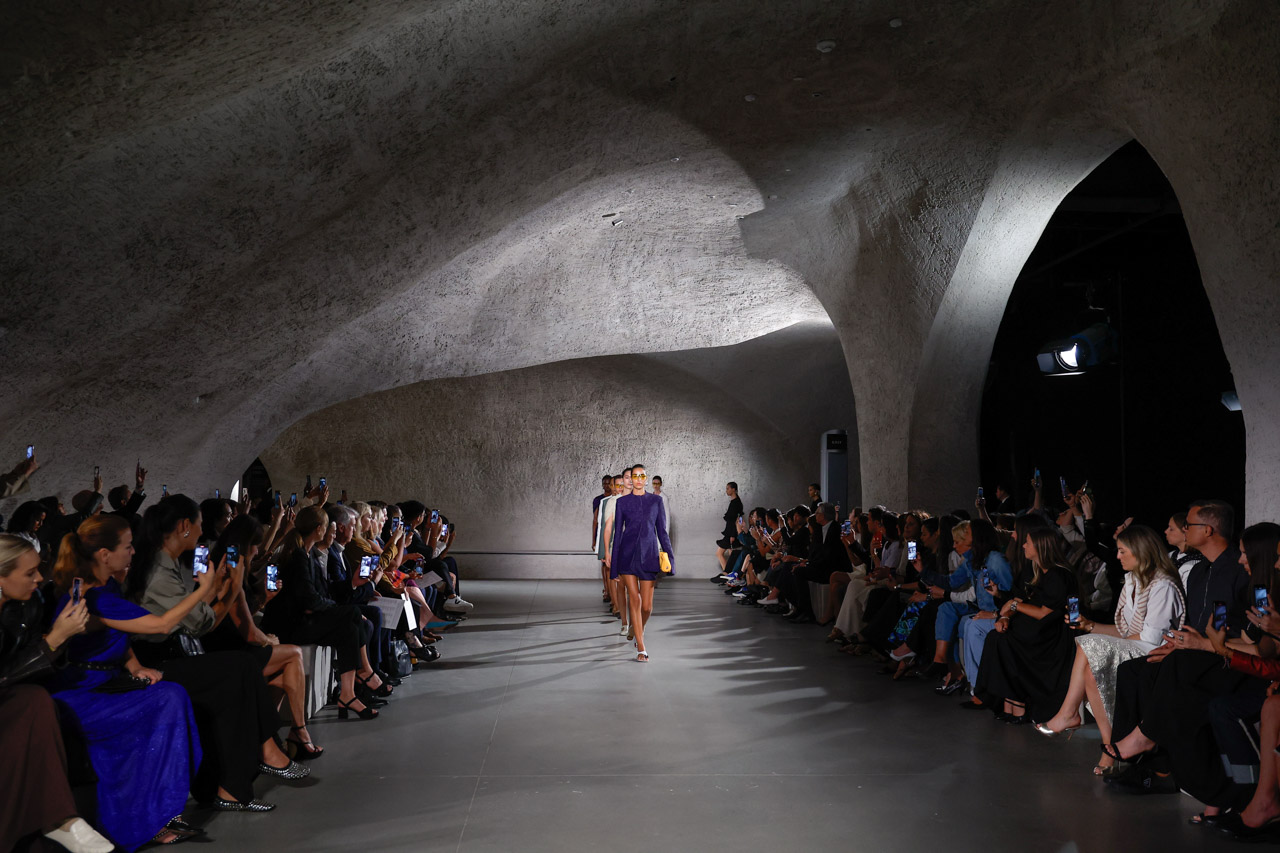 Model walks the runway during Tory Burch fashion show Spring Summer 2024 in The Gilder Center for Science New York