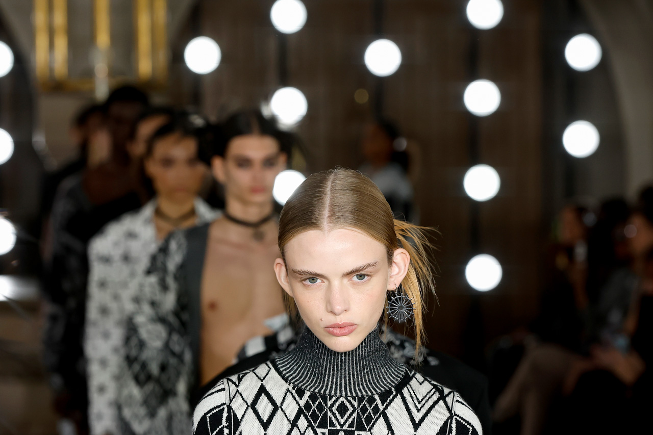 Model walks the runway during Edward Crutchley fashion show Spring Summer 2024 in London